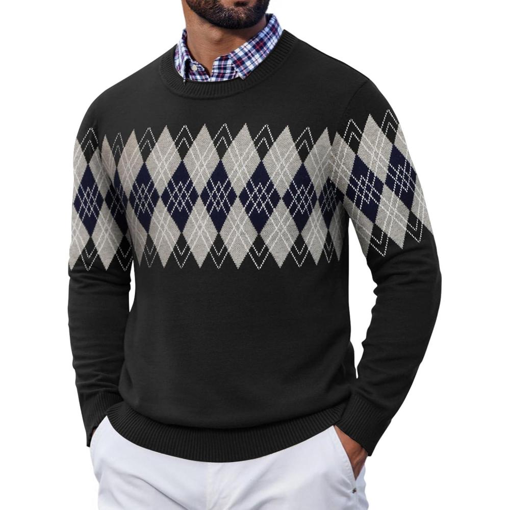 imageCOOFANDY Mens Crewneck Sweater Pullover Knit Sweater Lightweight Sweaters with Ribbing EdgeArgyle Black