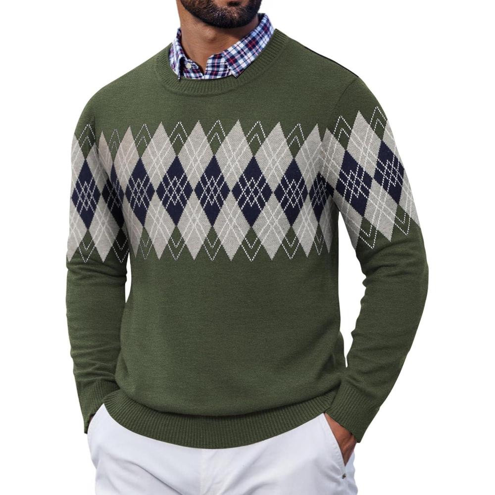 imageCOOFANDY Mens Crewneck Sweater Pullover Knit Sweater Lightweight Sweaters with Ribbing EdgeArgyle Green
