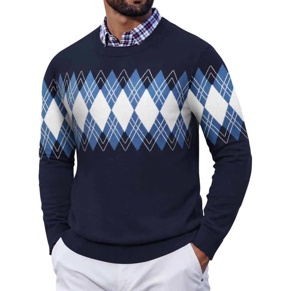 imageCOOFANDY Mens Crewneck Sweater Pullover Knit Sweater Lightweight Sweaters with Ribbing EdgeArgyle Navy Blue