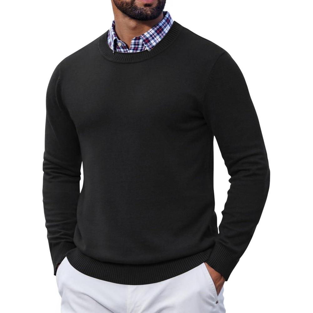 imageCOOFANDY Mens Crewneck Sweater Pullover Knit Sweater Lightweight Sweaters with Ribbing EdgeBlack