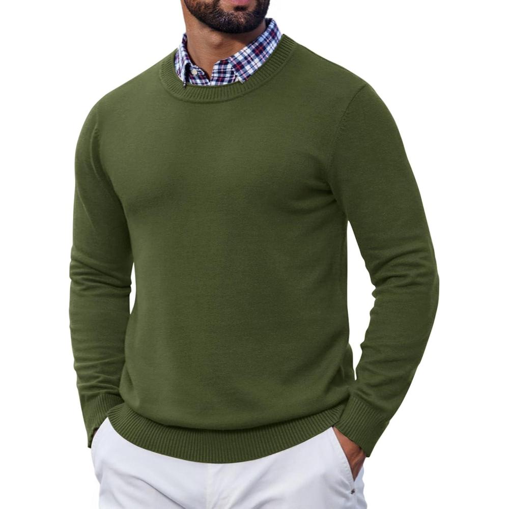 imageCOOFANDY Mens Crewneck Sweater Pullover Knit Sweater Lightweight Sweaters with Ribbing EdgeDark Army Green
