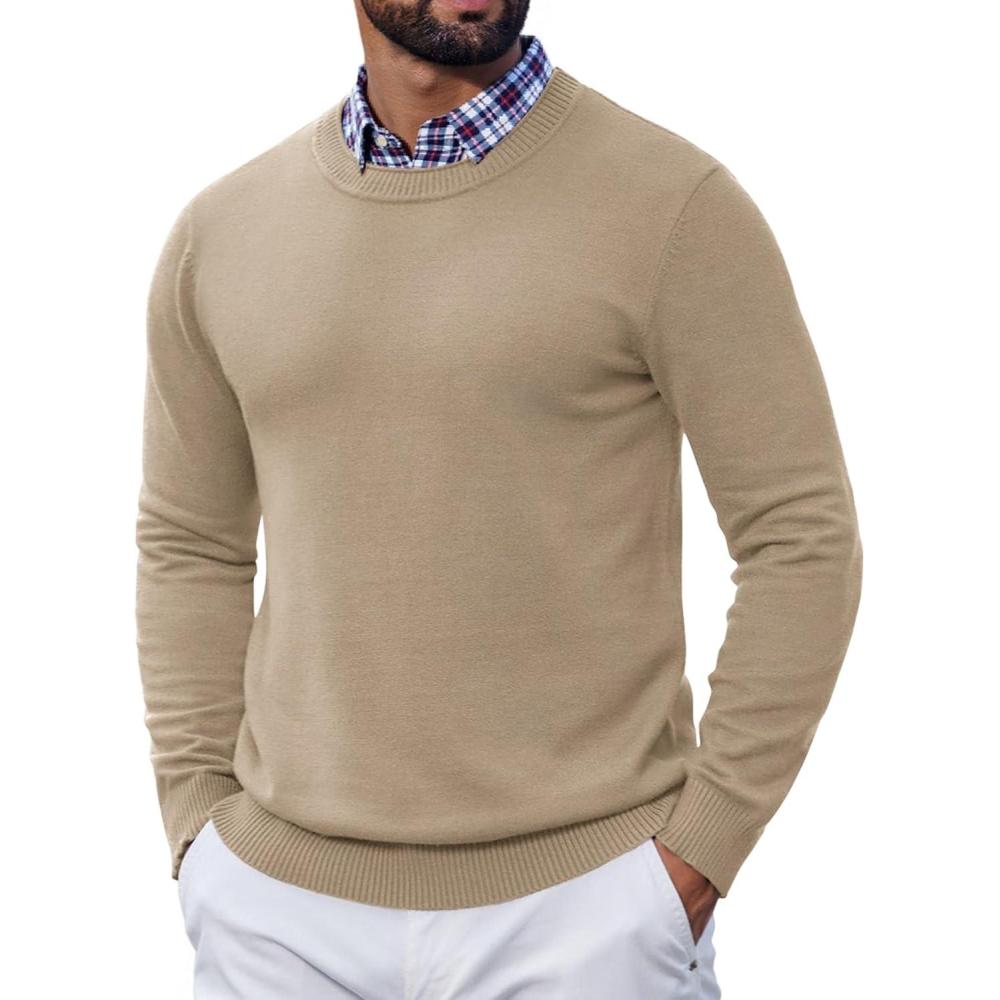 imageCOOFANDY Mens Crewneck Sweater Pullover Knit Sweater Lightweight Sweaters with Ribbing EdgeKhaki