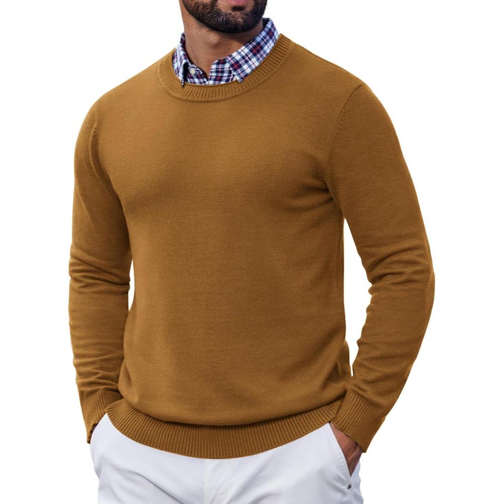 imageCOOFANDY Mens Crewneck Sweater Pullover Knit Sweater Lightweight Sweaters with Ribbing EdgeLight Brown