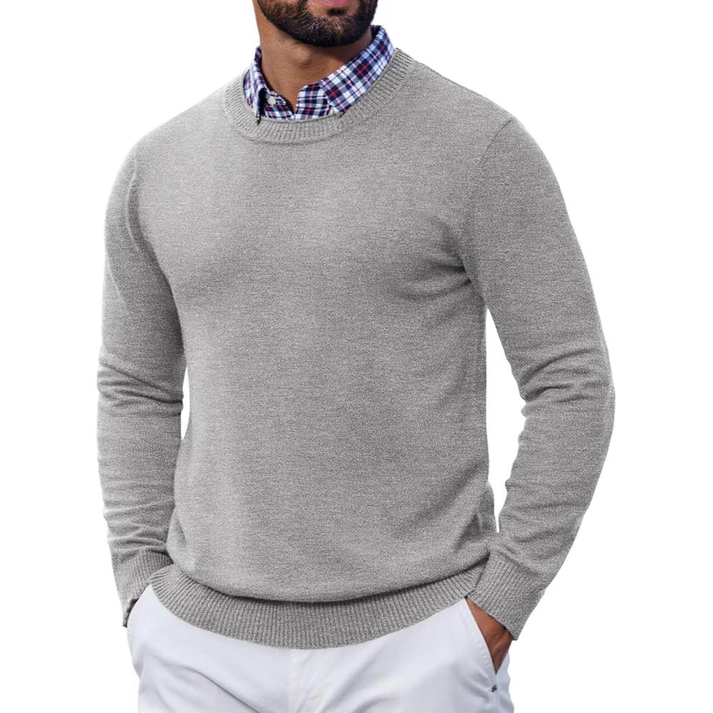 imageCOOFANDY Mens Crewneck Sweater Pullover Knit Sweater Lightweight Sweaters with Ribbing EdgeLight Gray