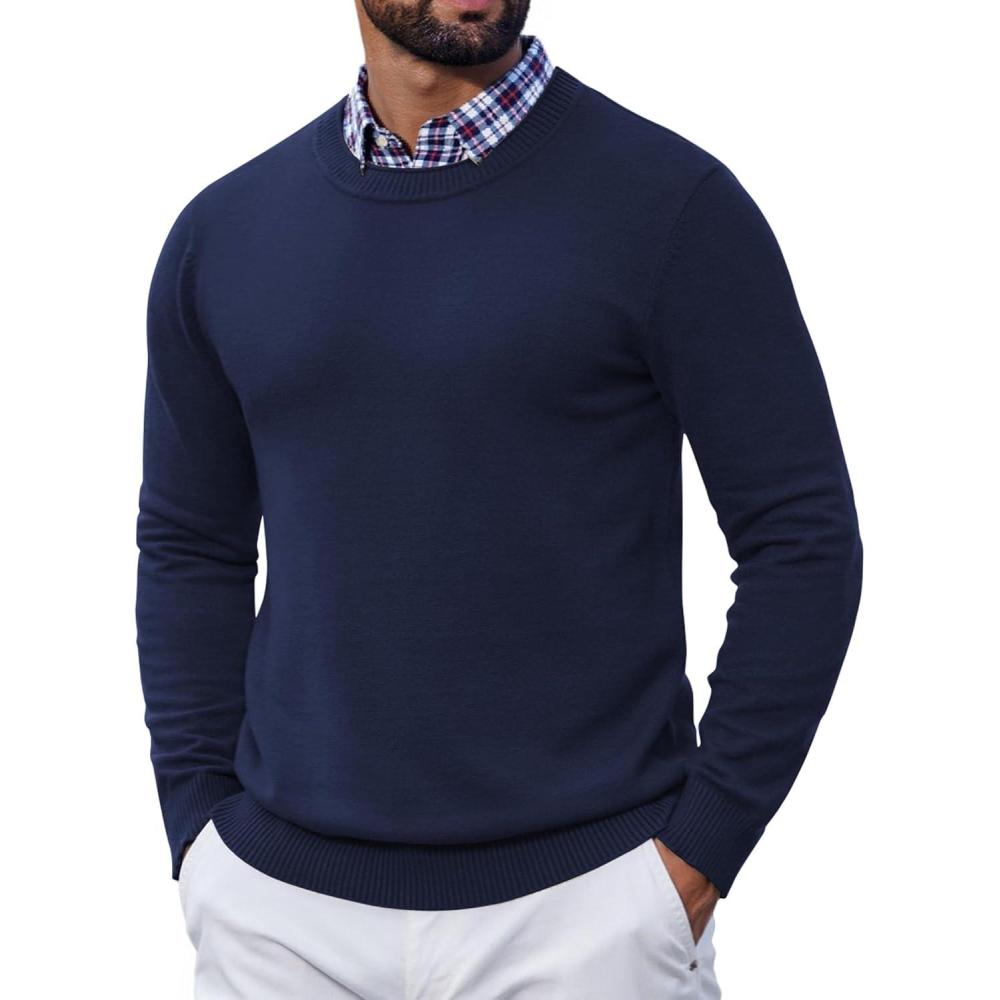 imageCOOFANDY Mens Crewneck Sweater Pullover Knit Sweater Lightweight Sweaters with Ribbing EdgeNavy Blue