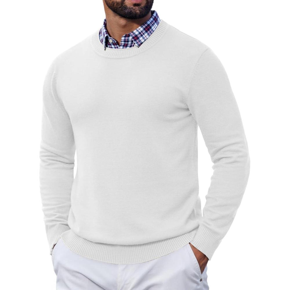 imageCOOFANDY Mens Crewneck Sweater Pullover Knit Sweater Lightweight Sweaters with Ribbing EdgeWhite