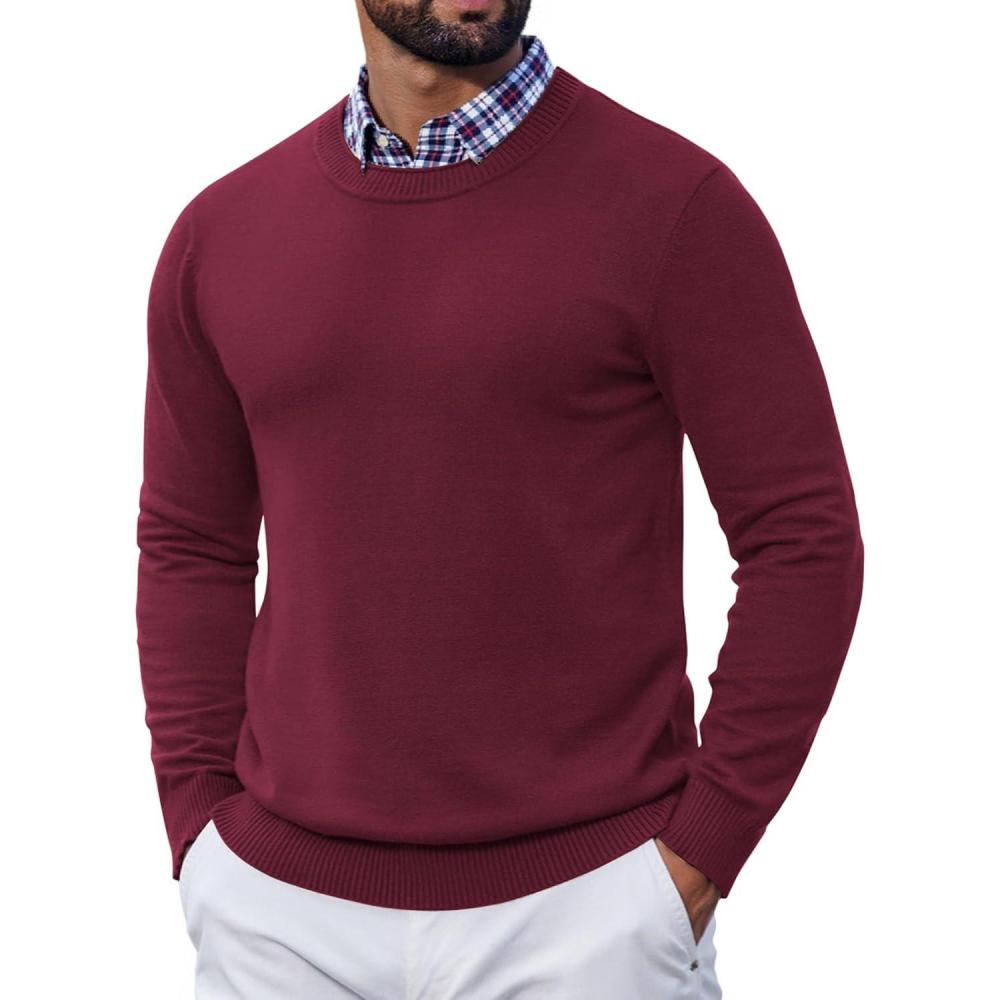 imageCOOFANDY Mens Crewneck Sweater Pullover Knit Sweater Lightweight Sweaters with Ribbing EdgeWine Red
