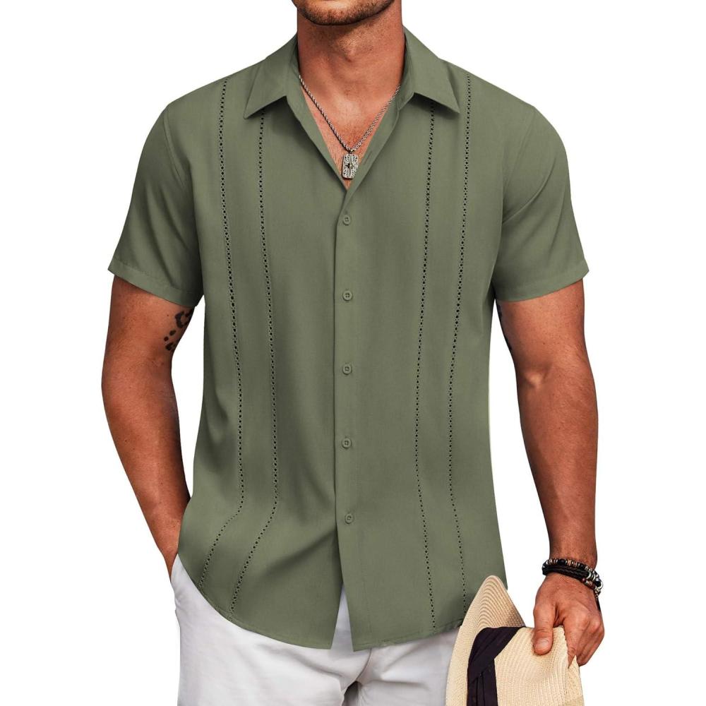 imageCOOFANDY Mens Cuban Guayabera Shirt Short Sleeve Button Down Shirts Summer Beach Vacation ShirtsArmy Green