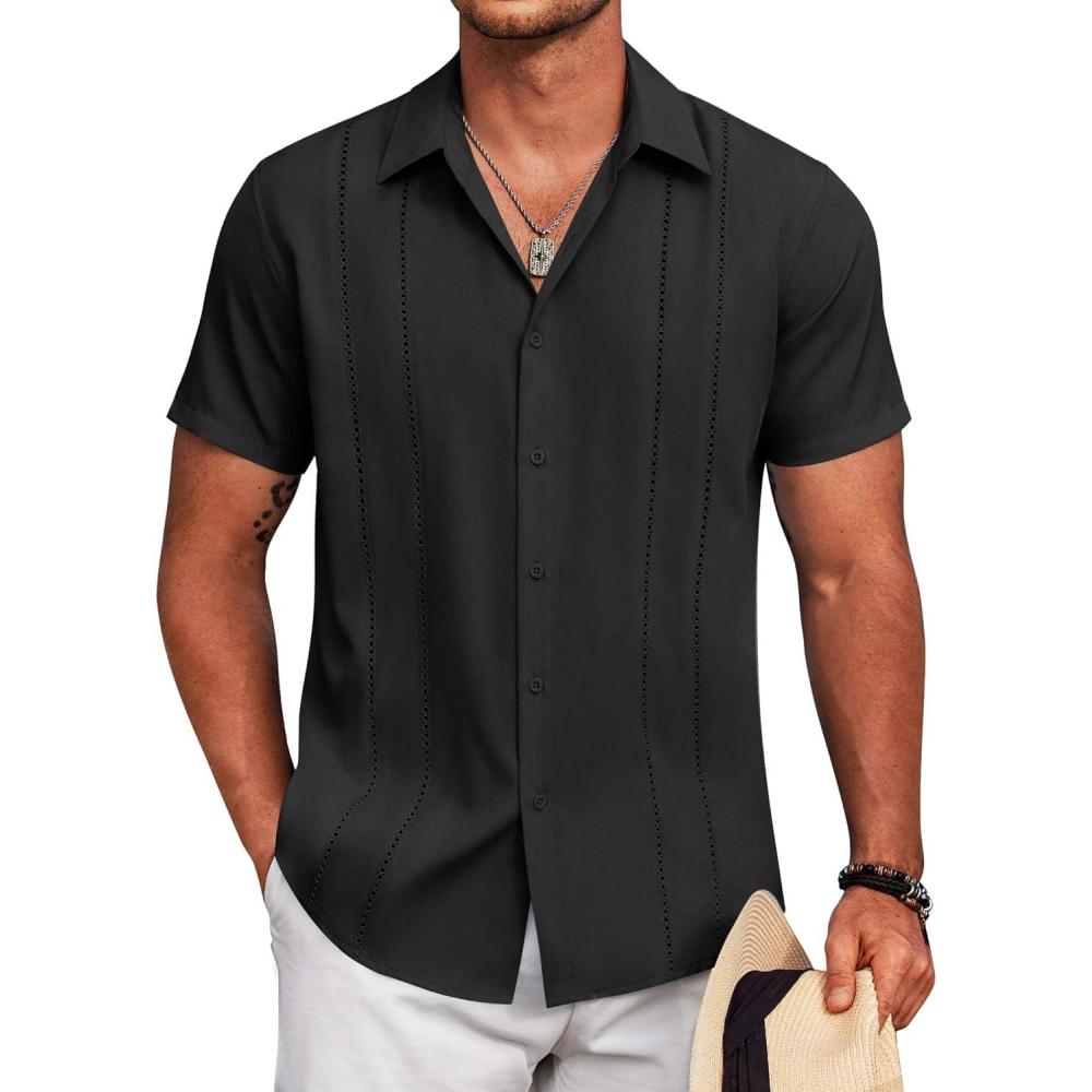 imageCOOFANDY Mens Cuban Guayabera Shirt Short Sleeve Button Down Shirts Summer Beach Vacation ShirtsBlack
