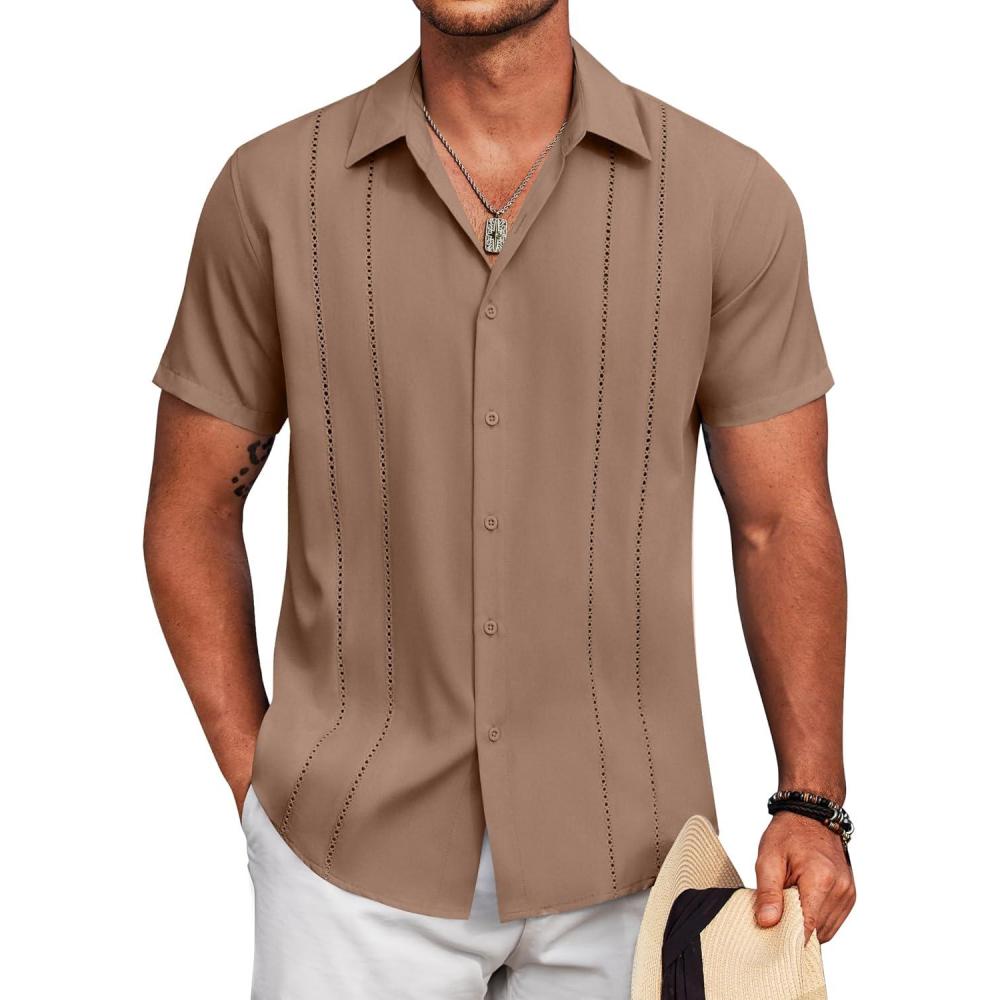 imageCOOFANDY Mens Cuban Guayabera Shirt Short Sleeve Button Down Shirts Summer Beach Vacation ShirtsCaramel