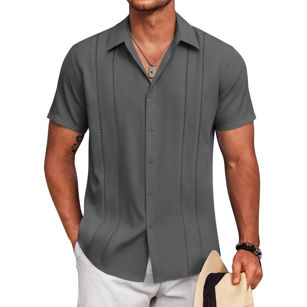 imageCOOFANDY Mens Cuban Guayabera Shirt Short Sleeve Button Down Shirts Summer Beach Vacation ShirtsGray