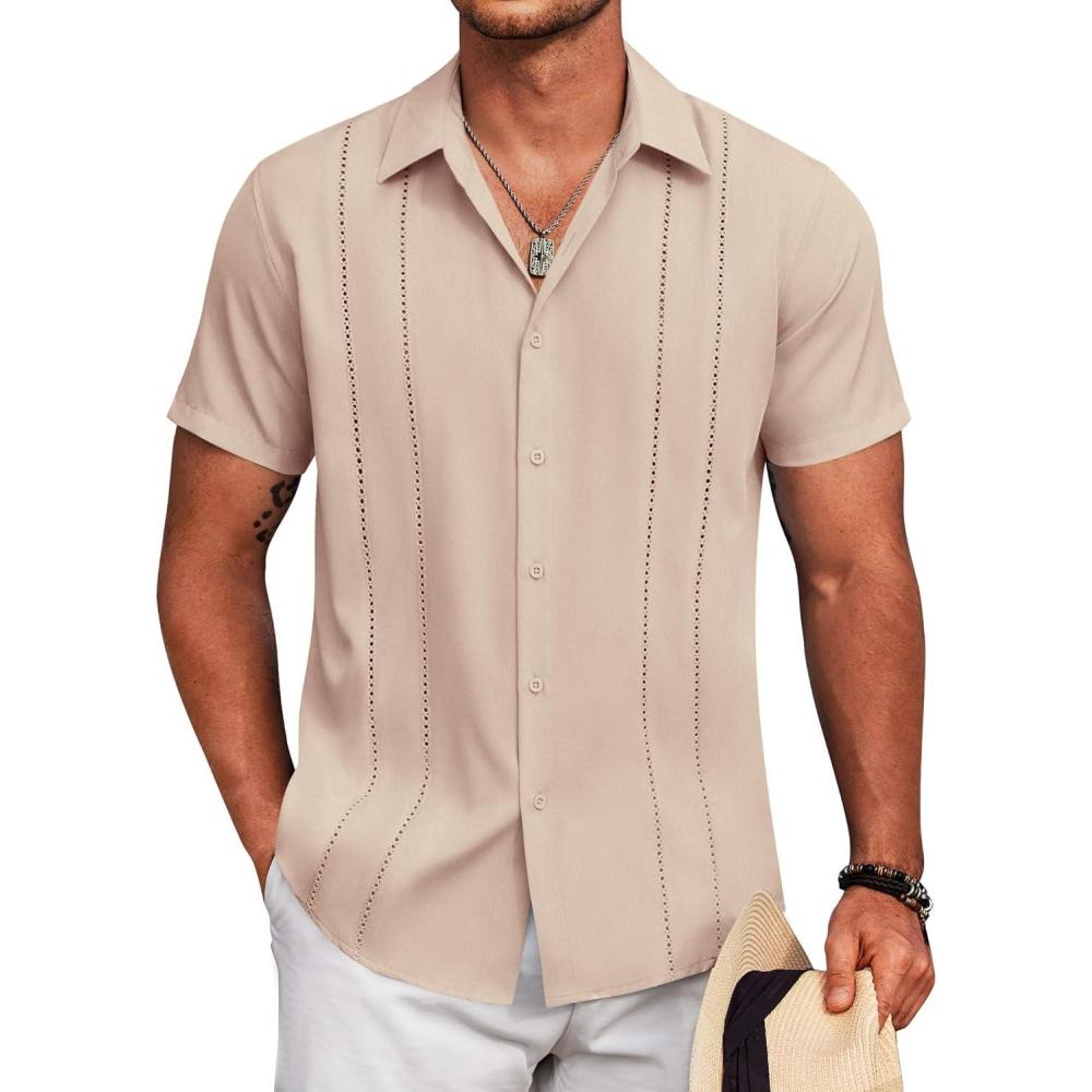 imageCOOFANDY Mens Cuban Guayabera Shirt Short Sleeve Button Down Shirts Summer Beach Vacation ShirtsKhaki