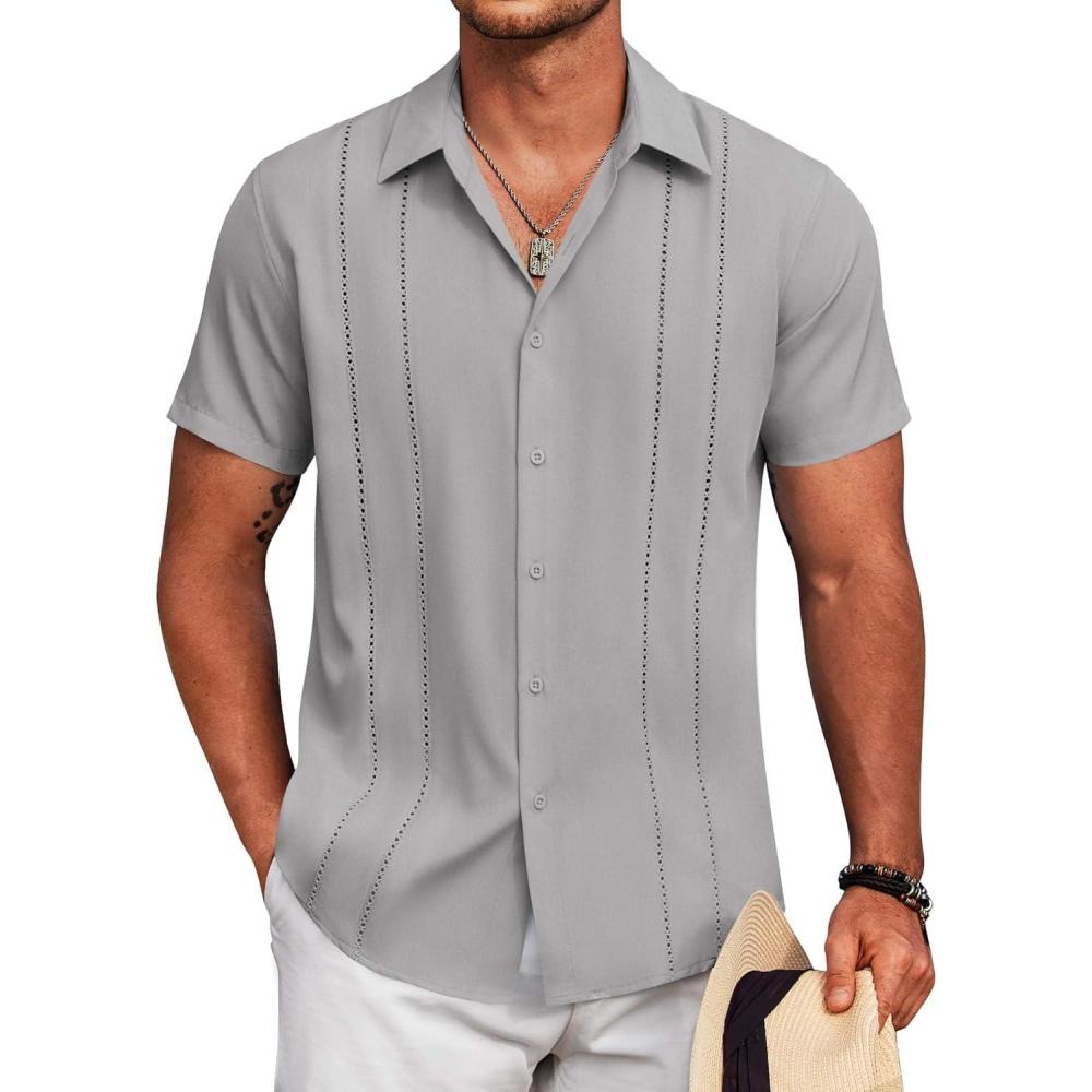 imageCOOFANDY Mens Cuban Guayabera Shirt Short Sleeve Button Down Shirts Summer Beach Vacation ShirtsLight Gray
