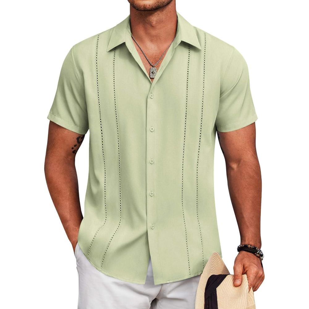imageCOOFANDY Mens Cuban Guayabera Shirt Short Sleeve Button Down Shirts Summer Beach Vacation ShirtsLight Green