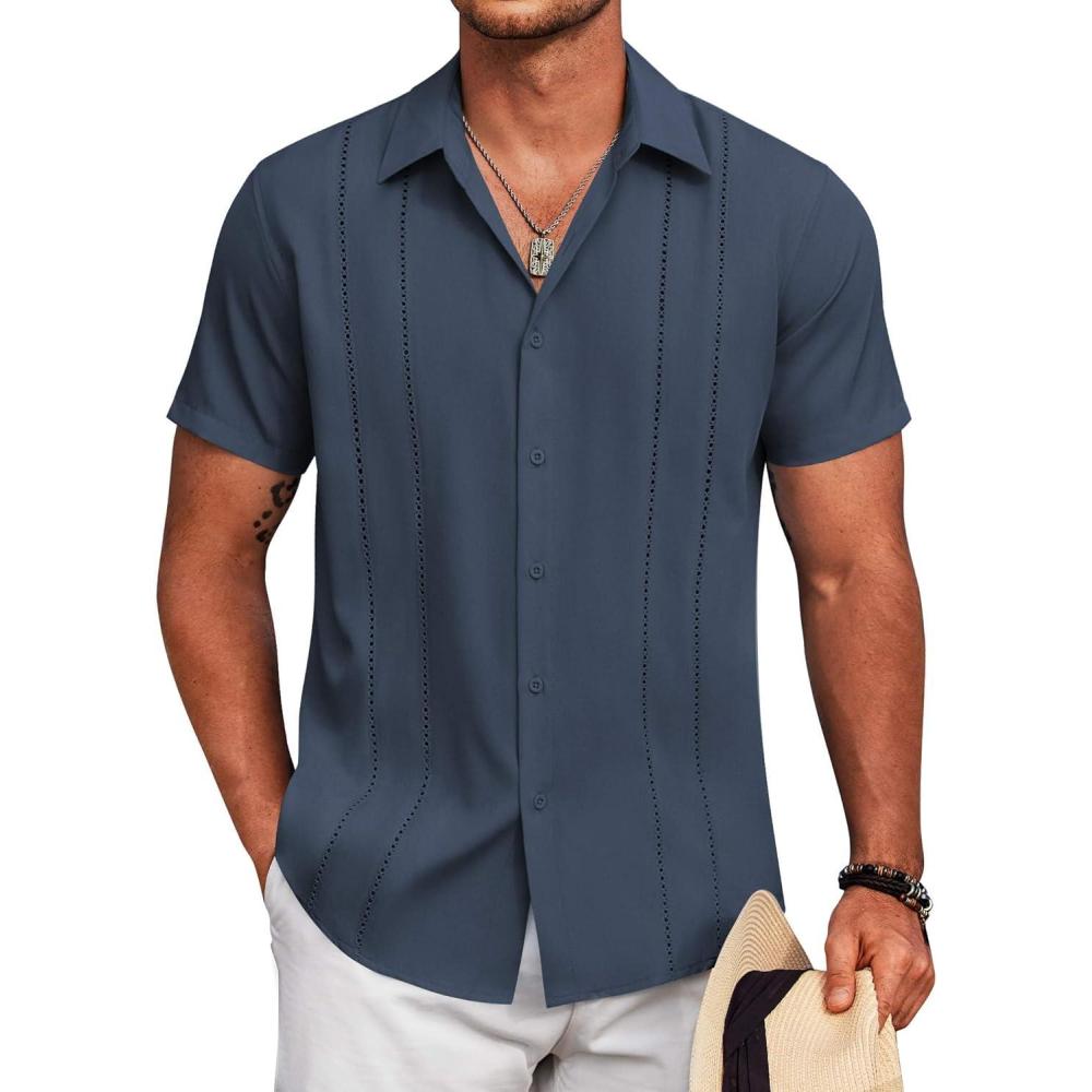 imageCOOFANDY Mens Cuban Guayabera Shirt Short Sleeve Button Down Shirts Summer Beach Vacation ShirtsNavy Blue