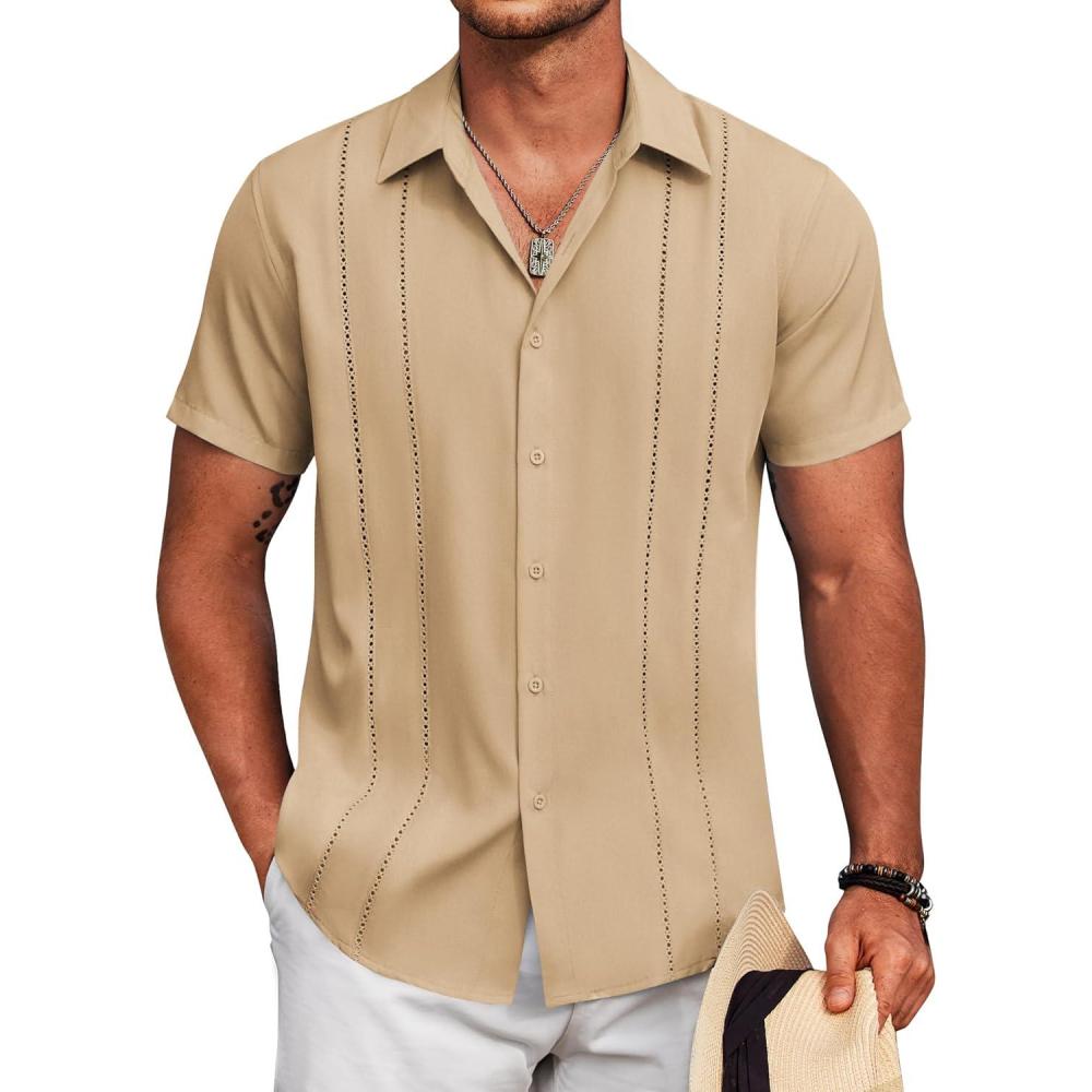 imageCOOFANDY Mens Cuban Guayabera Shirt Short Sleeve Button Down Shirts Summer Beach Vacation ShirtsTan