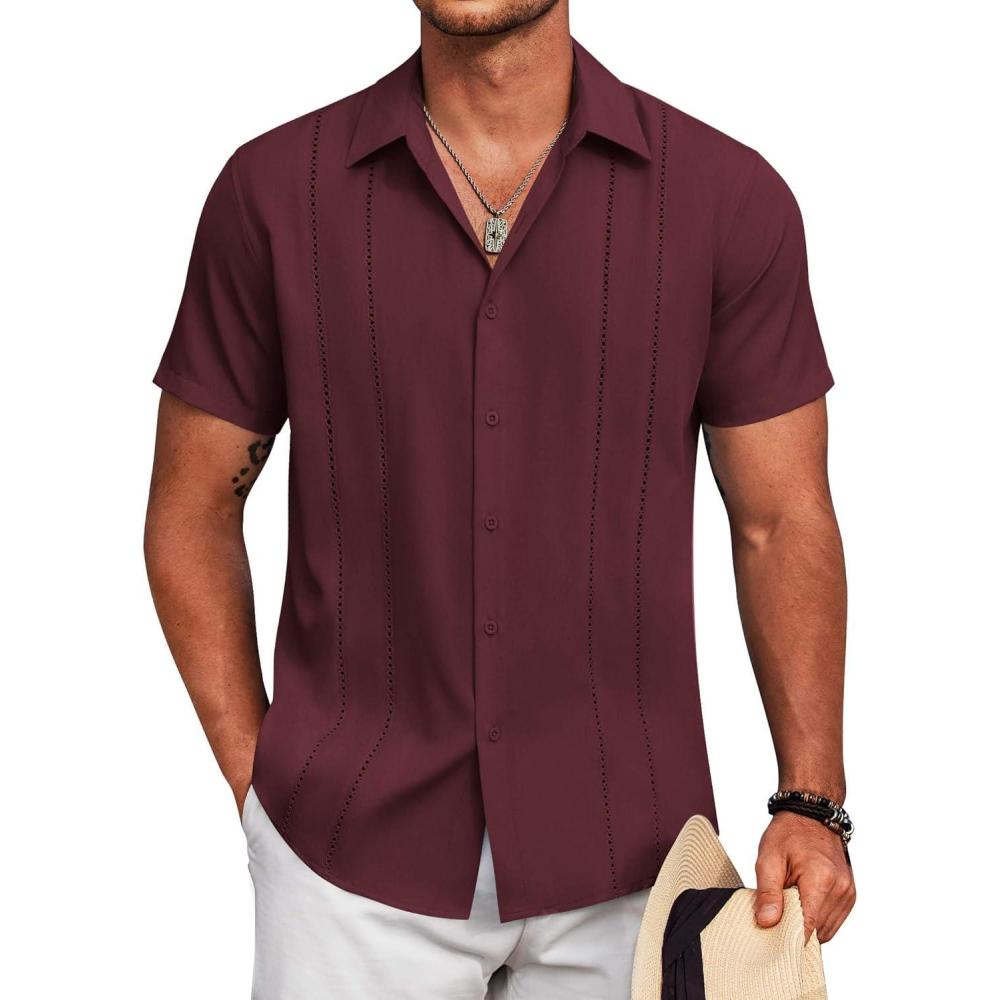 imageCOOFANDY Mens Cuban Guayabera Shirt Short Sleeve Button Down Shirts Summer Beach Vacation ShirtsWine Red