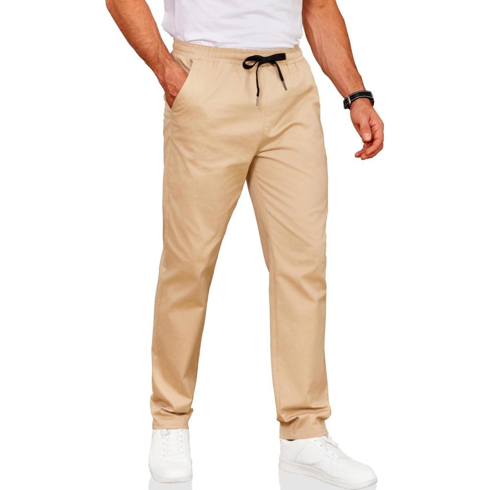 imageCOOFANDY Mens Drawstring Casual Pants Cotton Twill Elastic Waist Chino PantsKhaki