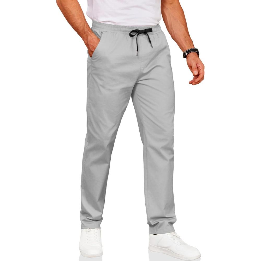 imageCOOFANDY Mens Drawstring Casual Pants Cotton Twill Elastic Waist Chino PantsLight Grey