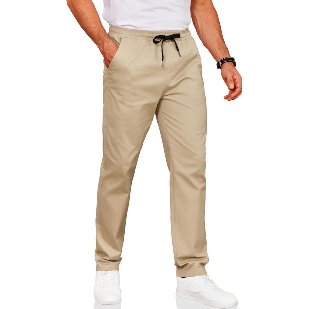 imageCOOFANDY Mens Drawstring Casual Pants Cotton Twill Elastic Waist Chino PantsLight Khaki