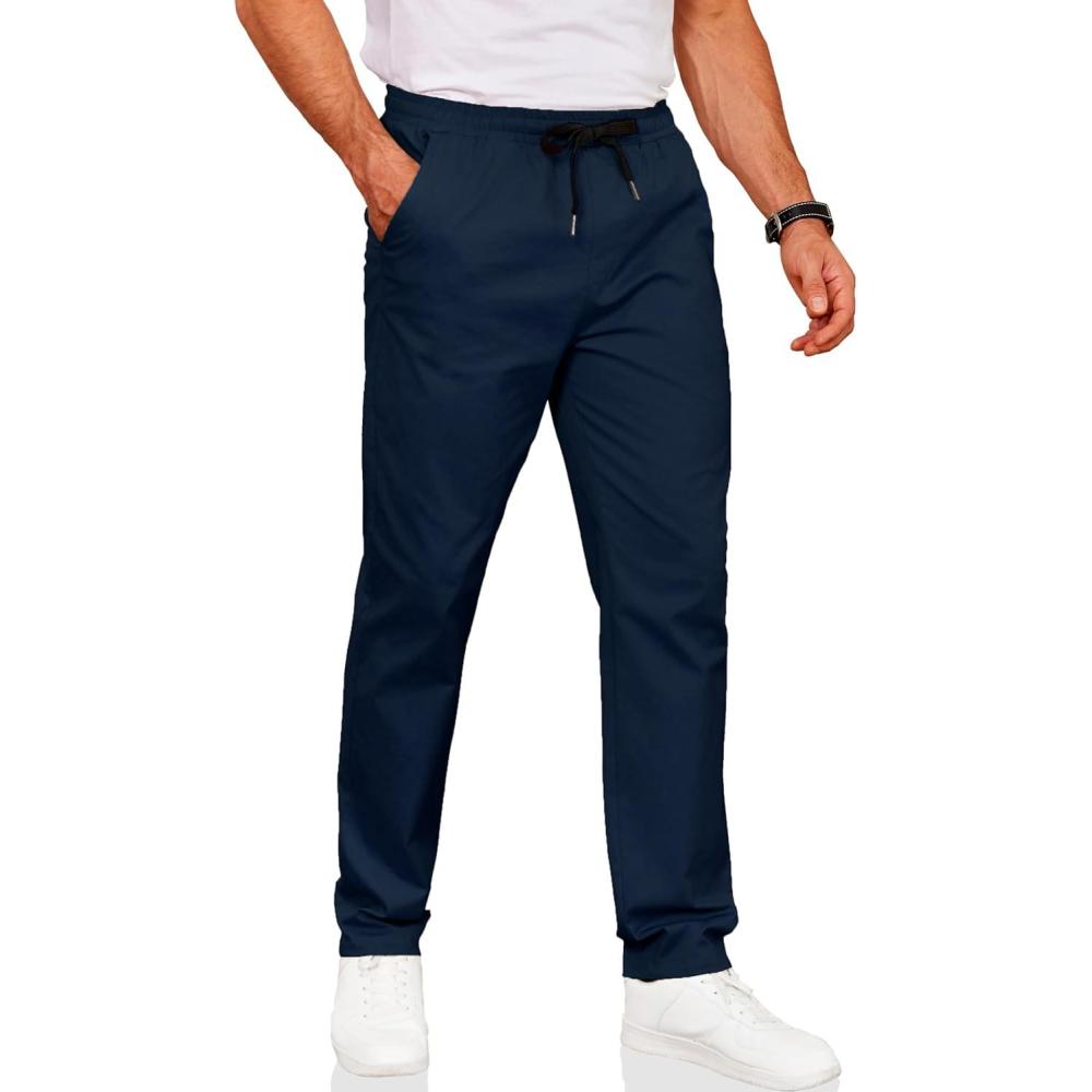 imageCOOFANDY Mens Drawstring Casual Pants Cotton Twill Elastic Waist Chino PantsNavy