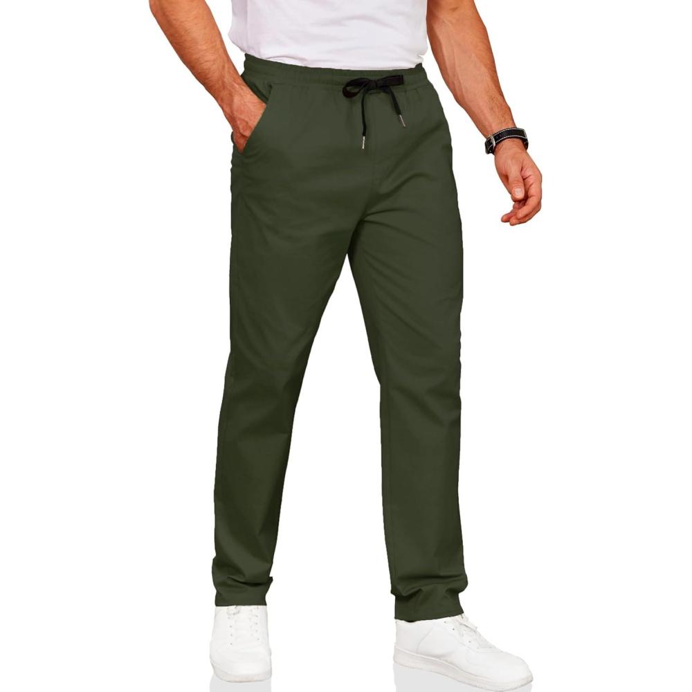 imageCOOFANDY Mens Drawstring Casual Pants Cotton Twill Elastic Waist Chino PantsOlive Green