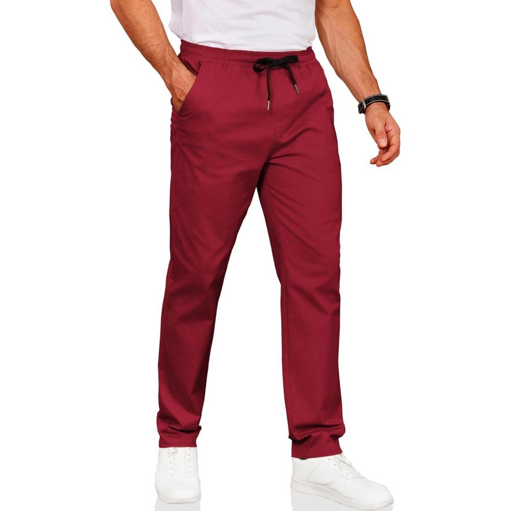 imageCOOFANDY Mens Drawstring Casual Pants Cotton Twill Elastic Waist Chino PantsRed