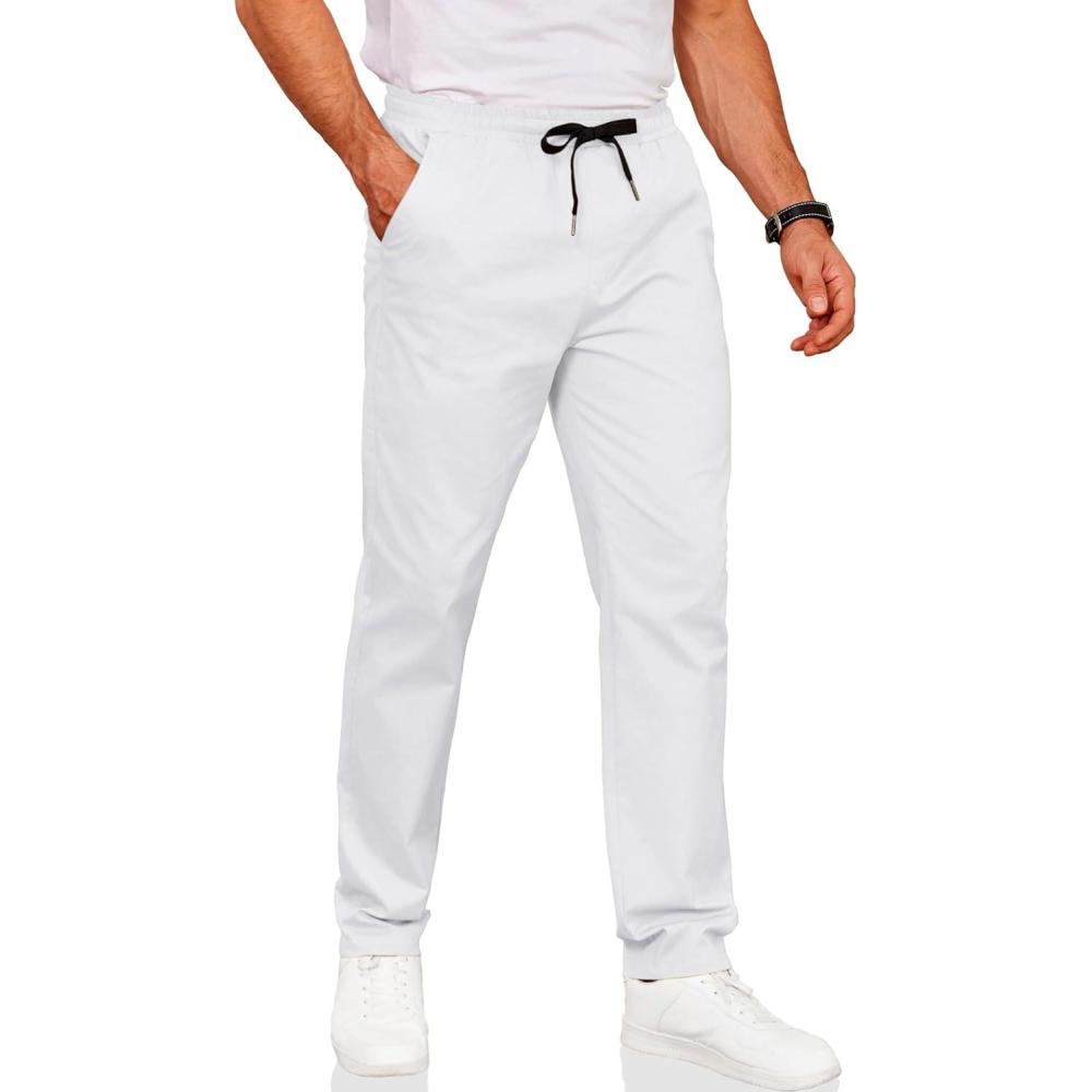 imageCOOFANDY Mens Drawstring Casual Pants Cotton Twill Elastic Waist Chino PantsWhite