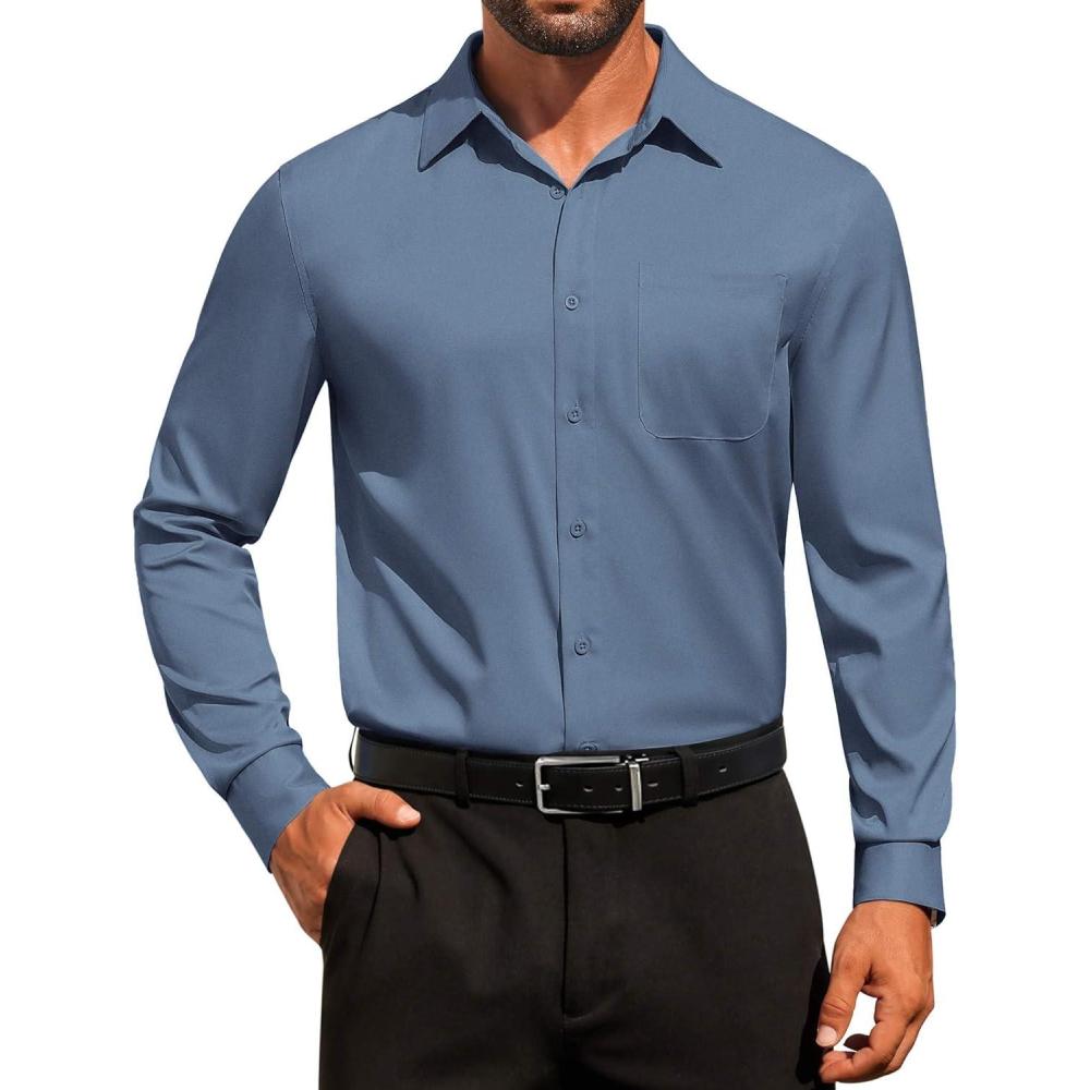 imageCOOFANDY Mens Dress Shirt Solid Long Sleeve Wrinkle Free Formal Shirt Business Button Down Shirts with PocketGrey Blue
