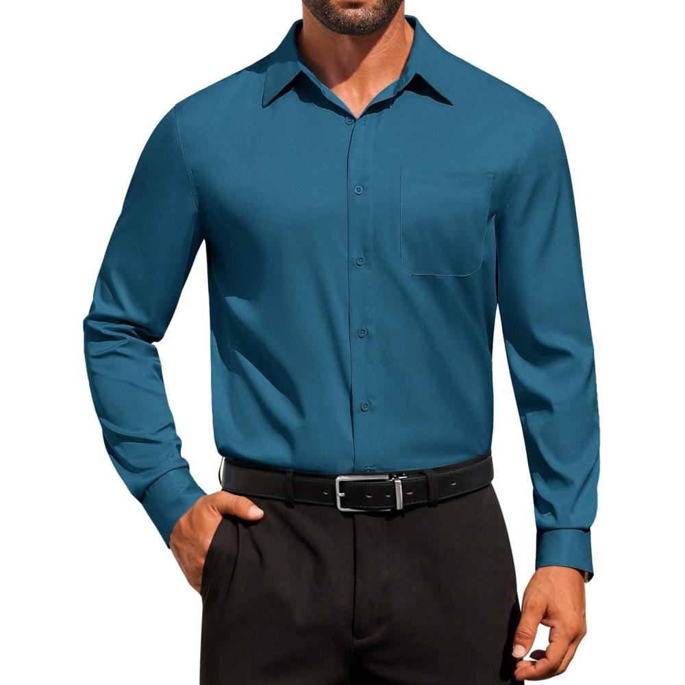 imageCOOFANDY Mens Dress Shirt Solid Long Sleeve Wrinkle Free Formal Shirt Business Button Down Shirts with PocketLake Blue