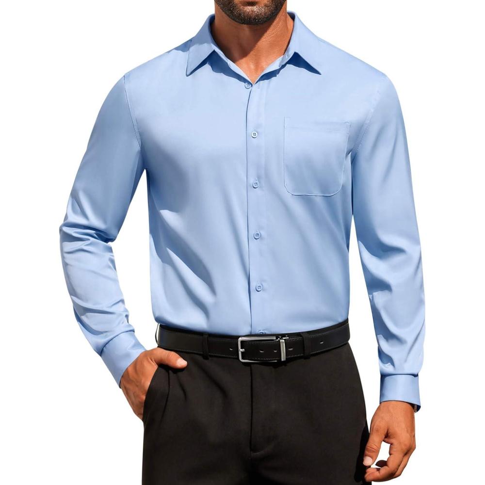 imageCOOFANDY Mens Dress Shirt Solid Long Sleeve Wrinkle Free Formal Shirt Business Button Down Shirts with PocketLight Blue