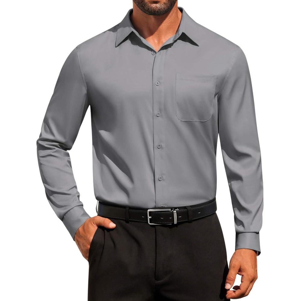 imageCOOFANDY Mens Dress Shirt Solid Long Sleeve Wrinkle Free Formal Shirt Business Button Down Shirts with PocketLight Grey
