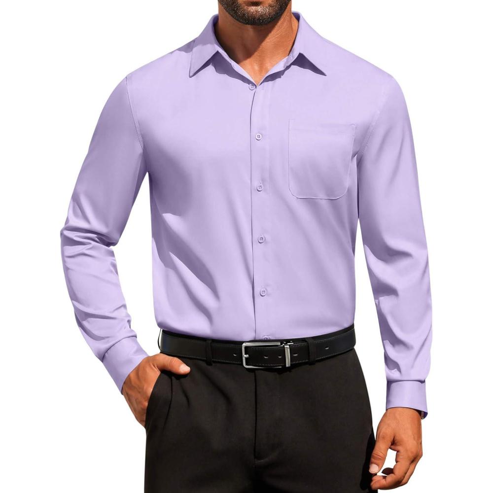 imageCOOFANDY Mens Dress Shirt Solid Long Sleeve Wrinkle Free Formal Shirt Business Button Down Shirts with PocketLight Purple