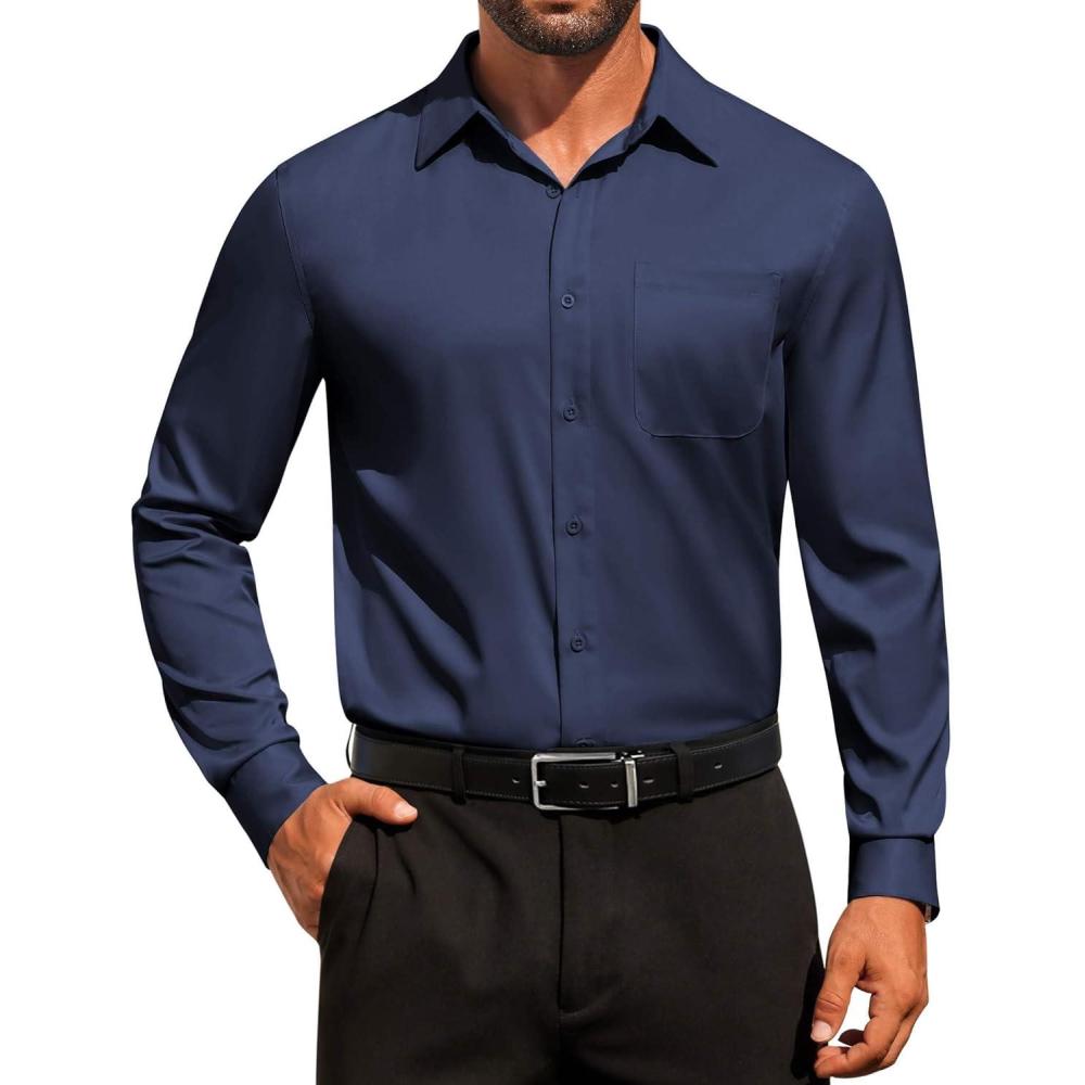 imageCOOFANDY Mens Dress Shirt Solid Long Sleeve Wrinkle Free Formal Shirt Business Button Down Shirts with PocketNavy Blue