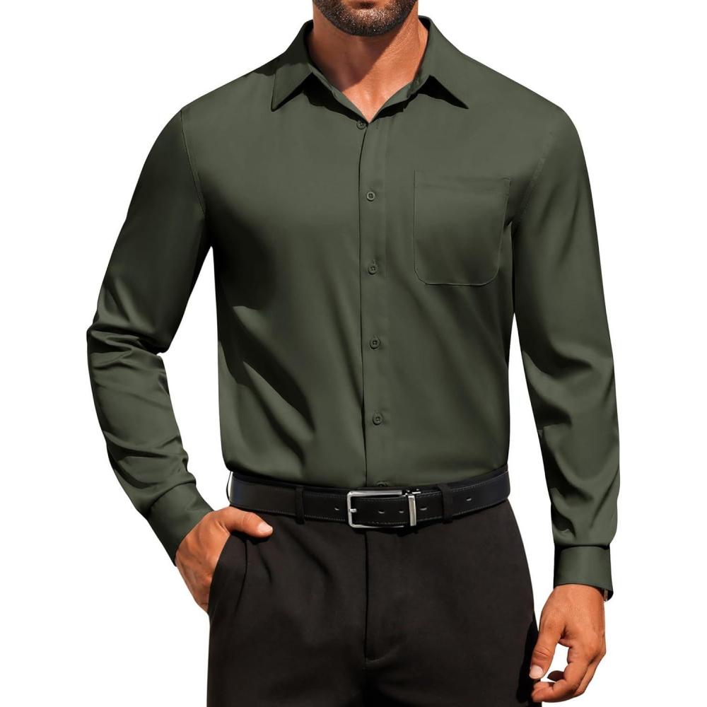 imageCOOFANDY Mens Dress Shirt Solid Long Sleeve Wrinkle Free Formal Shirt Business Button Down Shirts with PocketOlive Green