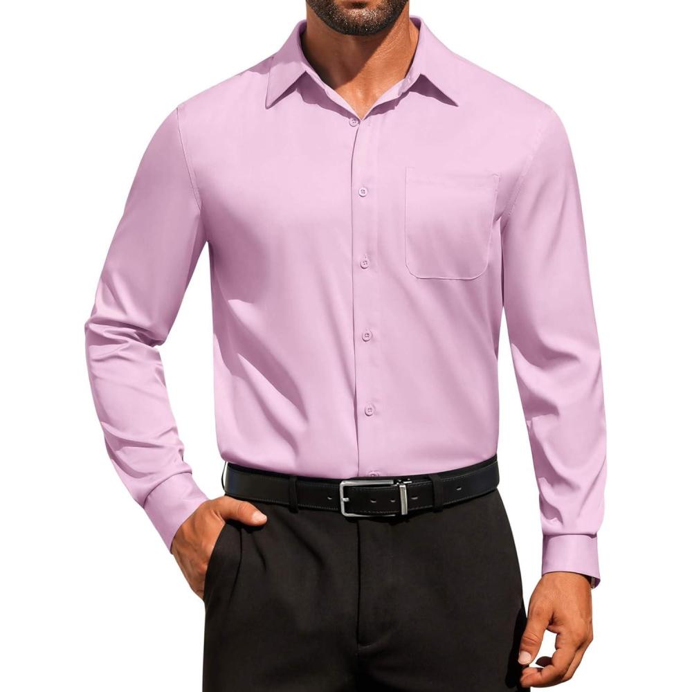 imageCOOFANDY Mens Dress Shirt Solid Long Sleeve Wrinkle Free Formal Shirt Business Button Down Shirts with PocketPink