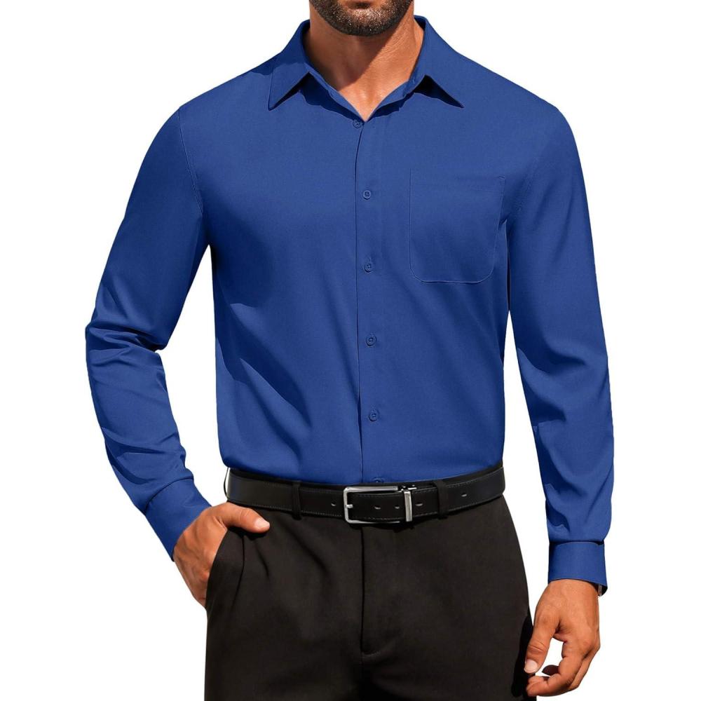 imageCOOFANDY Mens Dress Shirt Solid Long Sleeve Wrinkle Free Formal Shirt Business Button Down Shirts with PocketSky Blue