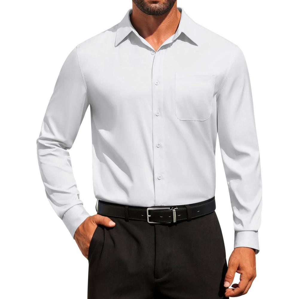 imageCOOFANDY Mens Dress Shirt Solid Long Sleeve Wrinkle Free Formal Shirt Business Button Down Shirts with PocketWhite