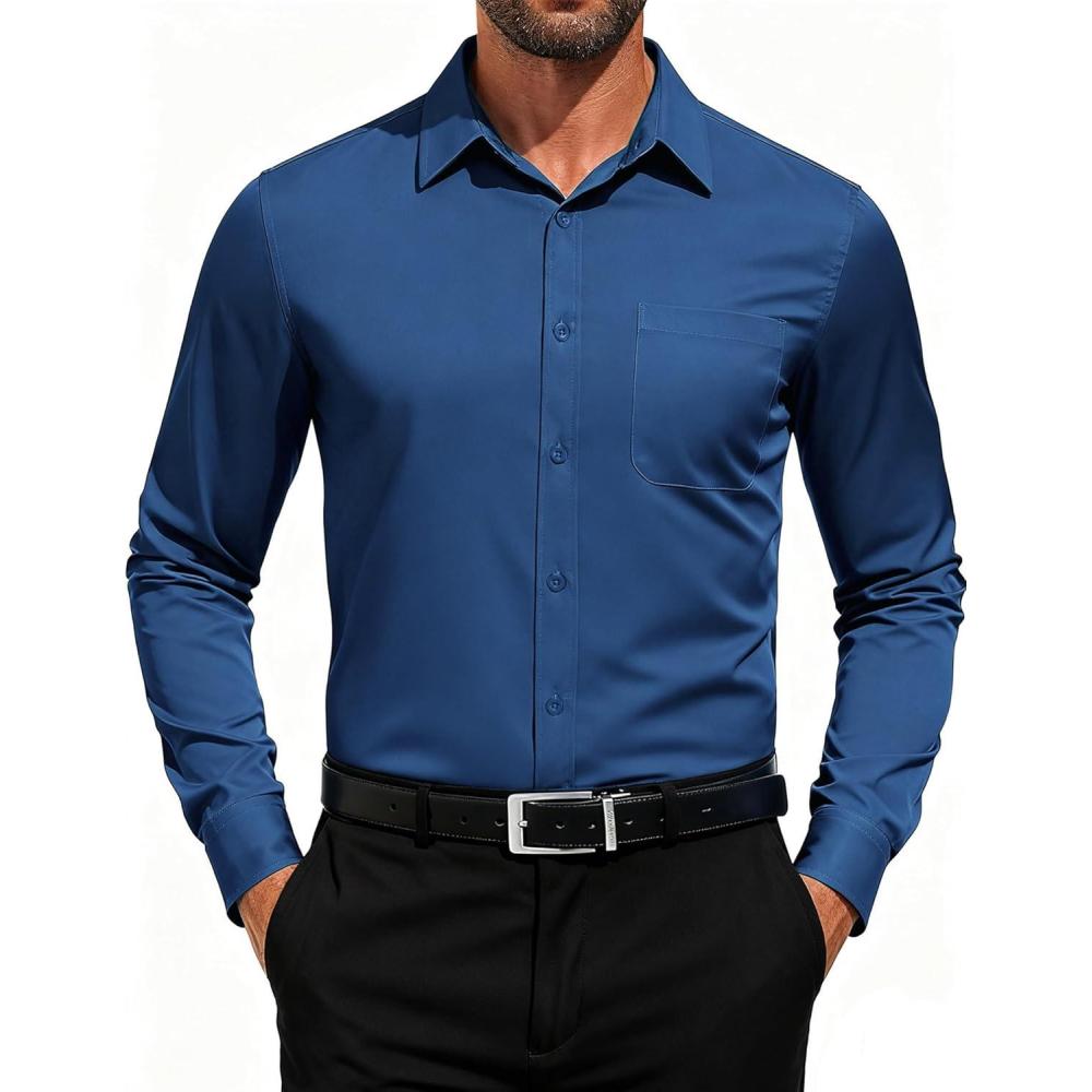 imageCOOFANDY Mens Dress Shirts Long Sleeve Button Down Formal Shirt Regular Fit Solid Business Casual ShirtsDark Blue