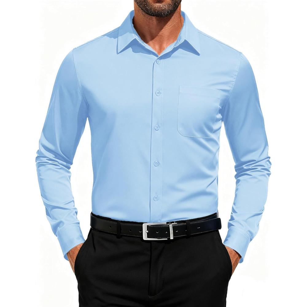 imageCOOFANDY Mens Dress Shirts Long Sleeve Button Down Formal Shirt Regular Fit Solid Business Casual ShirtsLight Blue