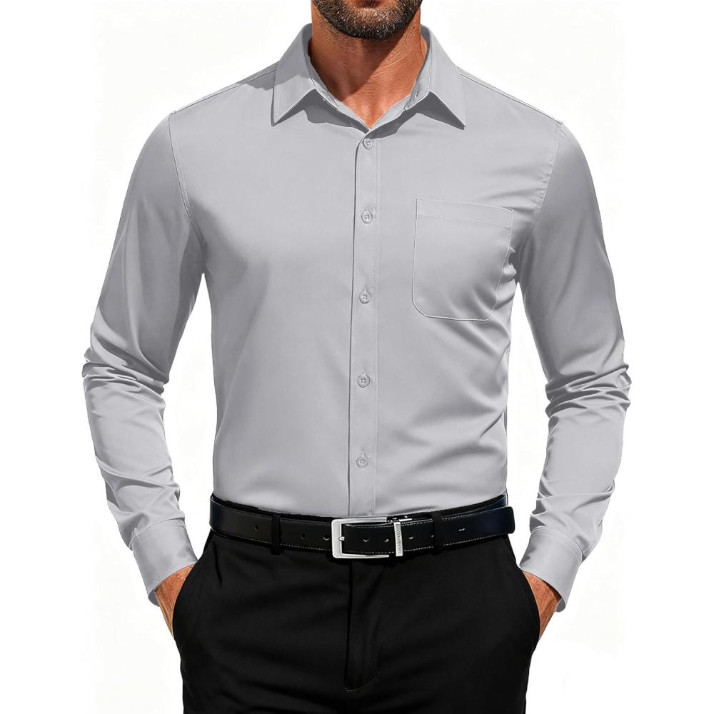 imageCOOFANDY Mens Dress Shirts Long Sleeve Button Down Formal Shirt Regular Fit Solid Business Casual ShirtsLight Grey