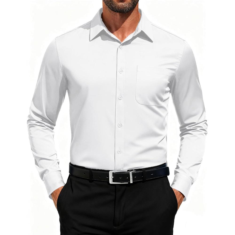 imageCOOFANDY Mens Dress Shirts Long Sleeve Button Down Formal Shirt Regular Fit Solid Business Casual ShirtsWhite