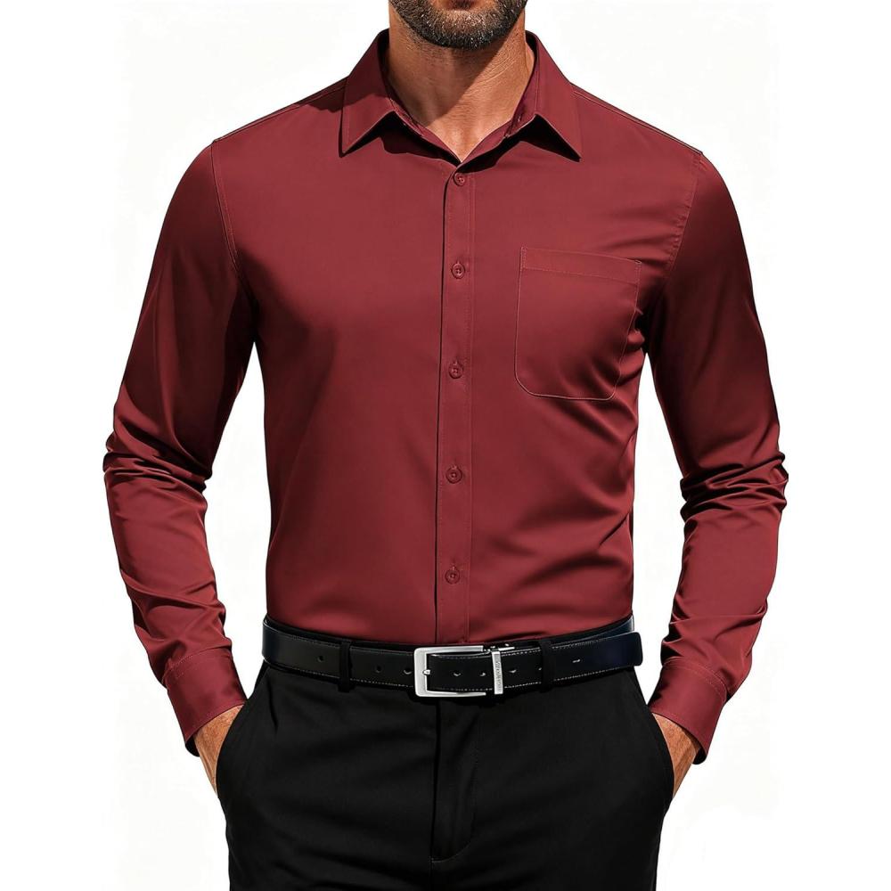 imageCOOFANDY Mens Dress Shirts Long Sleeve Button Down Formal Shirt Regular Fit Solid Business Casual ShirtsWine Red