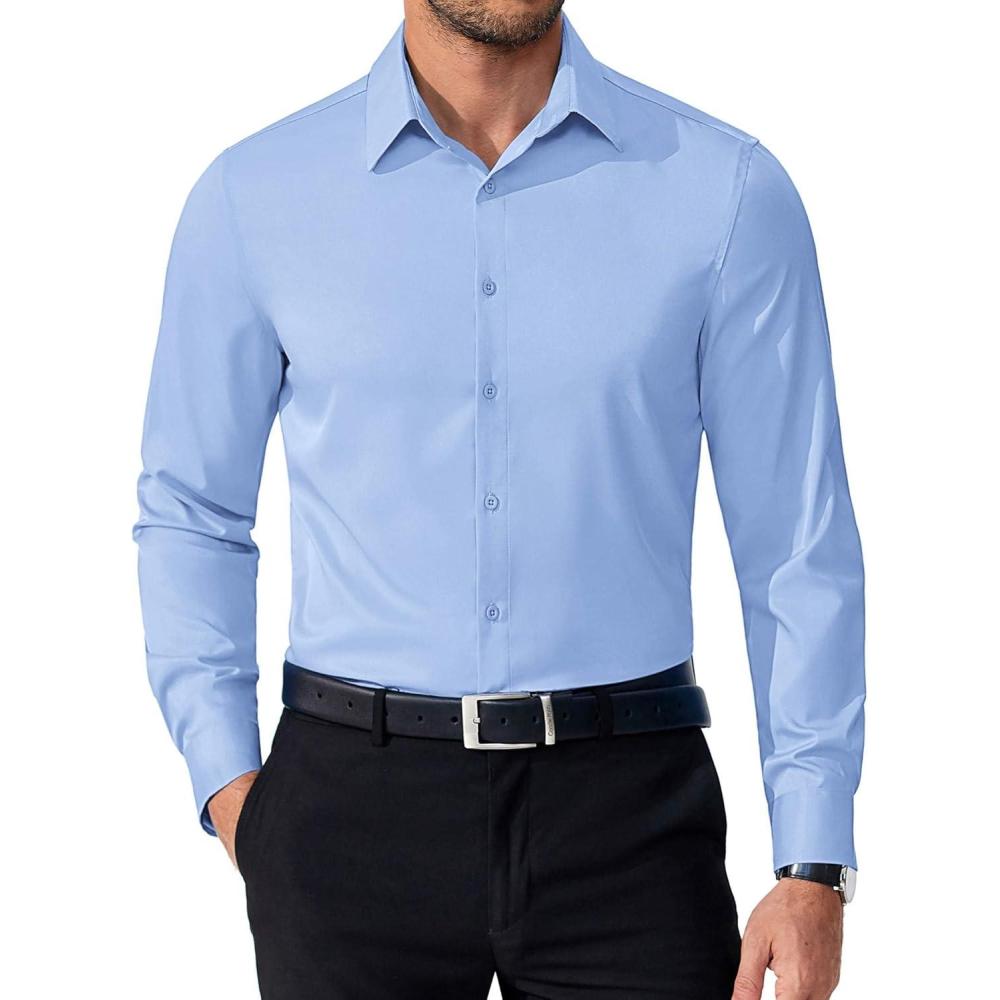 imageCOOFANDY Mens Dress Shirts Long Sleeve Button Down Shirts Regular Fit Business Casual ShirtsLight Blue