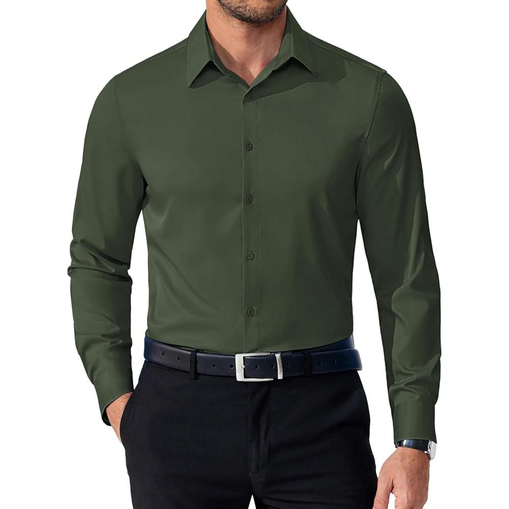 imageCOOFANDY Mens Dress Shirts Long Sleeve Button Down Shirts Regular Fit Business Casual ShirtsOlive Green