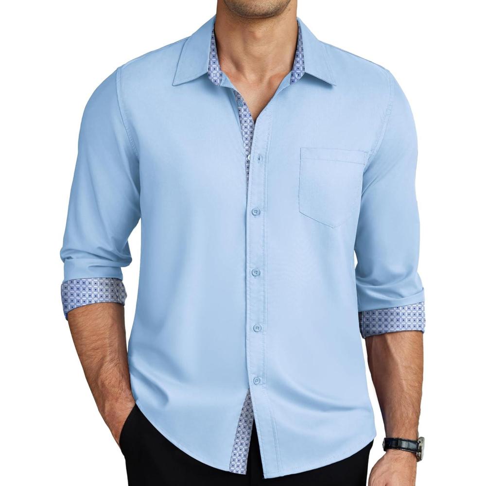 imageCOOFANDY Mens Dress Shirts Long Sleeve Button Down Shirts Untucked WrinkleFree Business Casual ShirtsLight Blue