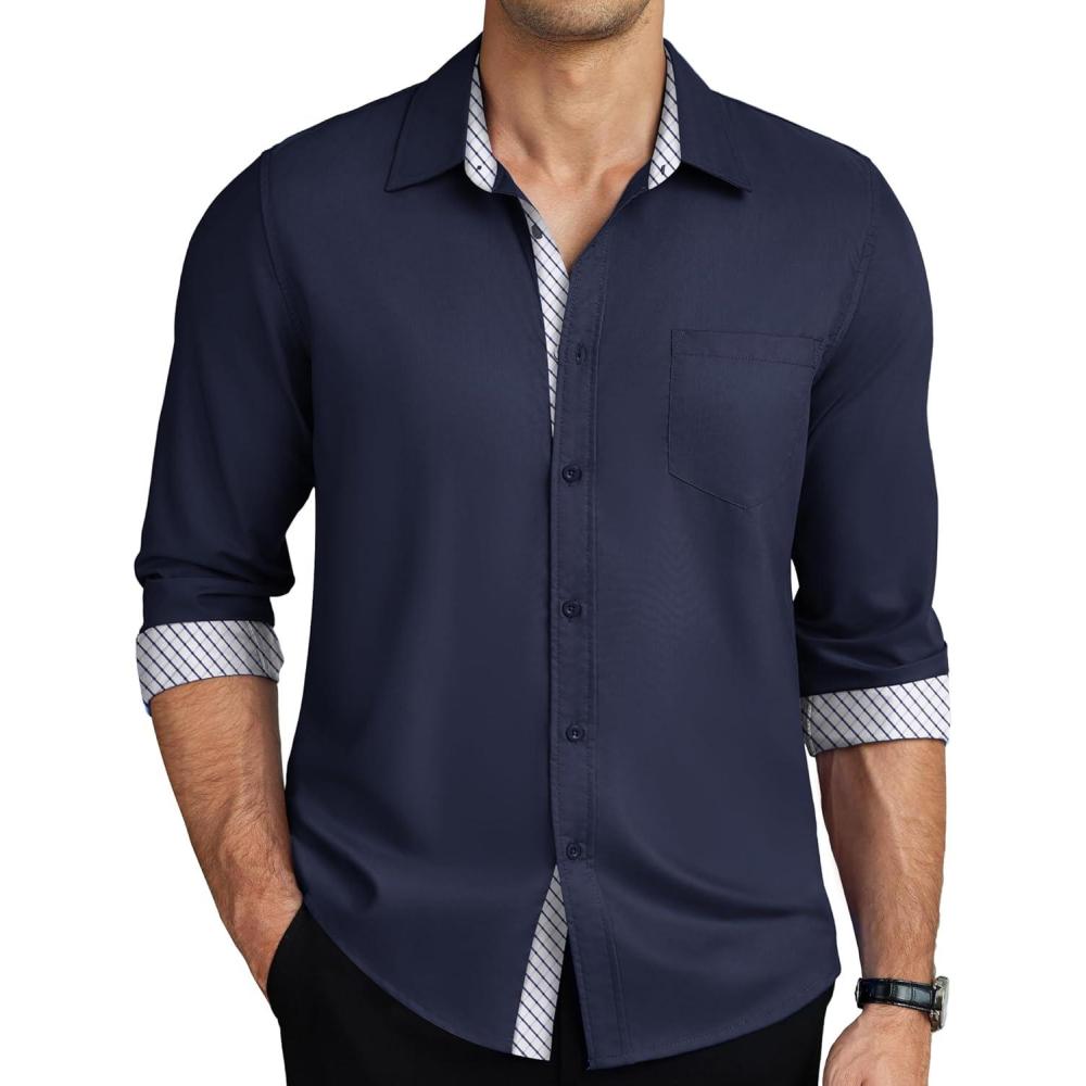 imageCOOFANDY Mens Dress Shirts Long Sleeve Button Down Shirts Untucked WrinkleFree Business Casual ShirtsNavy Blue