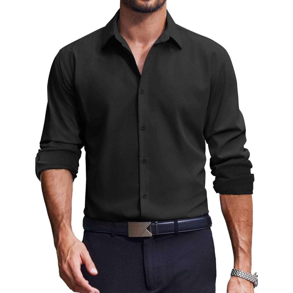 imageCOOFANDY Mens Dress Shirts Long Sleeve Casual Button Down Shirt Solid Regular Fit Formal Business ShirtsBlack