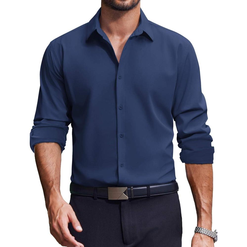 imageCOOFANDY Mens Dress Shirts Long Sleeve Casual Button Down Shirt Solid Regular Fit Formal Business ShirtsDark Blue