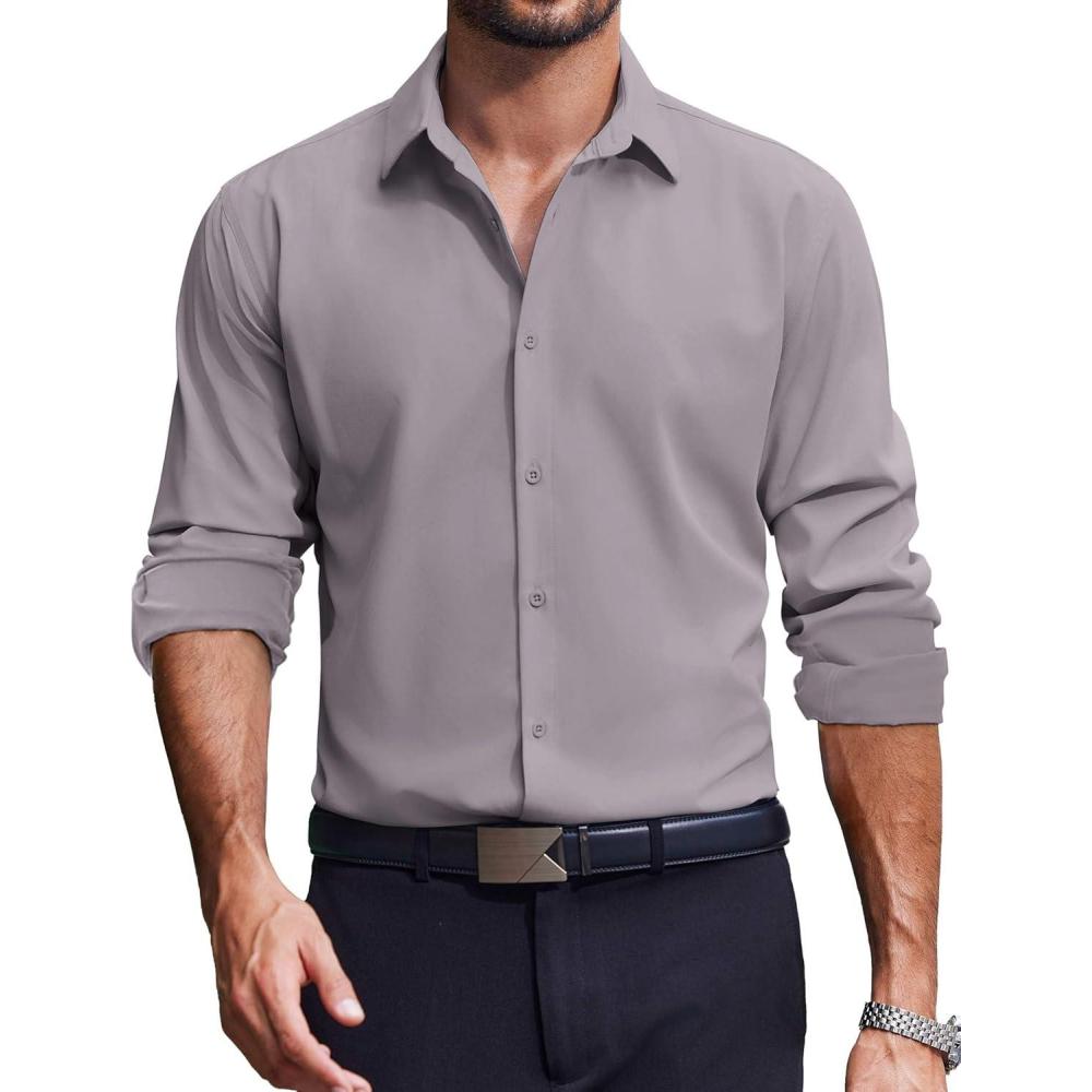 imageCOOFANDY Mens Dress Shirts Long Sleeve Casual Button Down Shirt Solid Regular Fit Formal Business ShirtsLight Grey